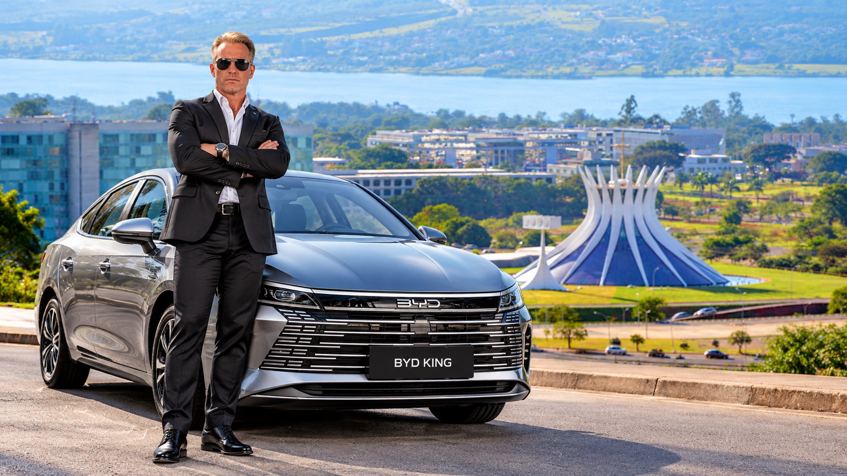 Manoel Santos ao lado do BYD King em Brasília
